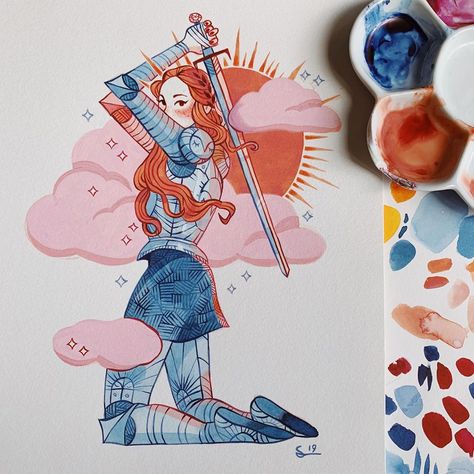 Sibylline Meynet on Instagram: “Knight of the Sun 🌞  Tools : paper @cansonpaper / ink @pebeo / gouache @winsorandnewton / brush @artezaofficial” Sibylline Meynet, Pastel Clouds, Gouache Art, Arte Sketchbook, Gouache Painting, Pretty Art, Aesthetic Art, Amazing Art, Art Digital