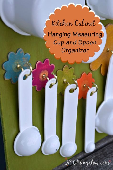 DIY Tutorial to make this measuring cup and spoon that hangs in the kitchen cabinet looks adorbale and keeps everything organized and easy to reach www.H2OBungalow.com Measuring Spoons Organization, Measuring Cup Organization, Spoon Organizer, Ideas For Kitchen Cabinets, Rv Gadgets, Diy Kitchen Cabinet, Measuring Cups And Spoons, Thrifty Thursday, Organized Kitchen