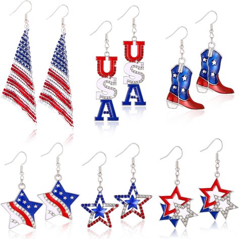 PRICES MAY VARY. 6 Pairs of 4th of July Earrings: This pack includes 6 different pairs of stylish and patriotic earrings, perfect for showcasing your American pride on Independence Day and other special occasions. Our 4th of july earrings are designed in the theme of American flag. With the color of red, blue and white, they are bright and in line with the theme of 4th of July. You can choose different earrings to match your stylish outfit. High-Quality Zinc Alloy Material: these fourth of july 4th Of July Earrings, Patriotic Earrings, July Outfits, Patriotic Jewelry, American Flag Stars, Birthday List, Holiday Earring, Stylish Outfit, Holiday Jewelry