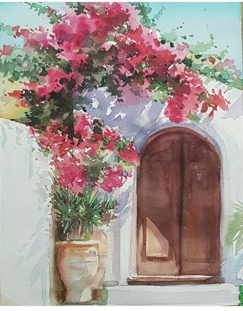 Buganvilla Painting, Greece Painting, Watercolour Inspiration, Easy Canvas Painting, Watercolor Paintings Easy, 수채화 그림, Watercolor Art Lessons, Unique Paintings, Beginner Painting