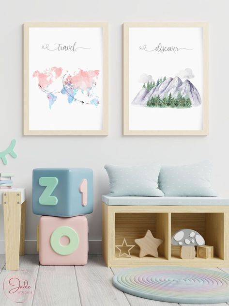 The Places You Will Go Nursery, Travel Theme Nursery Girl, Girl Adventure Nursery, Travel Nursery Theme, Baby Room Prints, Playroom Prints, Travel Theme Nursery, Travel Nursery, Adventure Print