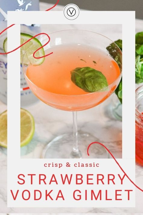 Cocktails With Strawberry Simple Syrup, Strawberry Simple Syrup Cocktails, Pink Vodka Cocktails, Strawberry Basil Vodka, Vodka Gimlet Recipe, Pink Vodka, Basil Simple Syrup, Vodka Gimlet, Gimlet Recipe