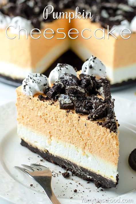 Pumpkin Cheesecake With Oreo Crust - No Bake - Recipe from Yummiest Food Cookbook Cheesecake With Oreo Crust, Yummiest Food, Oreo Crust Cheesecake, No Bake Recipe, Pumpkin Cheesecake Bars, No Bake Pumpkin Cheesecake, Oreo Crust, Fall Dessert Recipes, Pumpkin Dessert