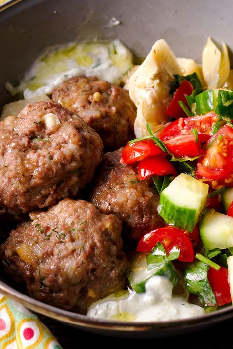 Sheet Pan Greek Meatballs with Tzatziki Sauce Turkey Greek Meatballs, Sheet Pan Greek Meatballs, Greek Meatballs With Tzatziki Sauce, Meatballs With Tzatziki Sauce, Greek Meatballs Recipe, Tomato Cucumber Salad, Greek Meatballs, Chinese Foods, Tomato Cucumber