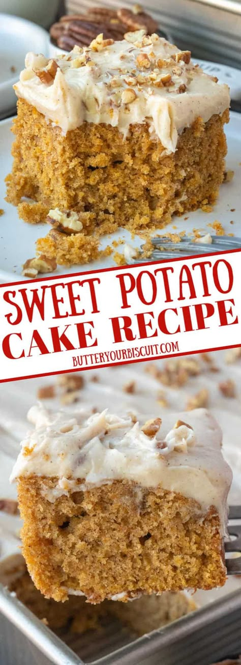 Homemade Sweet potato cake is a decadent dessert that is simple enough for weekly dessert or fancy enough for a holiday dessert spread on Thanksgiving or Christmas. It's easy to make, requires only a few simple ingredients, and tastes like it came out of a professional bakery. Weekly Dessert, Sweet Potato Cake Recipe, Cinnamon Frosting, Cake With Cinnamon, Cinnamon Cream Cheese, Sweet Potato Cake, Dessert Spread, Leftover Cake, Cinnamon Cream Cheese Frosting