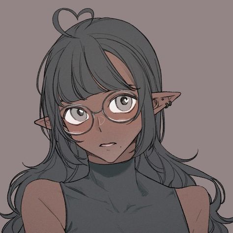 Dark Skin Elf Anime, Elf Girl Pfp, Anime Female Oc Character Design, Dark Skinned Elf, Anime Chocolate, Character Faceclaims, Browns Elf, Anime Glasses, Black Elf