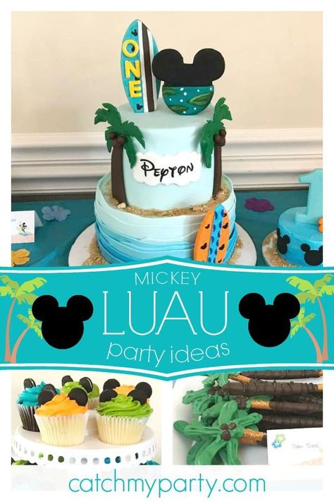 Mickey Mouse Hawaiian Party, Mickey Mouse Luau Birthday Party, Luau 1st Birthday Party Boy, Hawaiian First Birthday Party Boy, Mickey Mouse Summer Birthday Party, Diy Kids Birthday Cake, Aloha Mickey Party, Mickey Pool Party Ideas, Mickey Mouse Pool Party Ideas