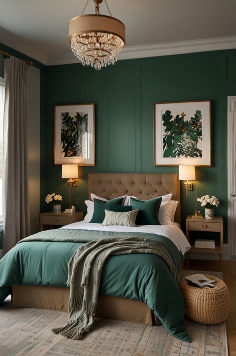 Spruce up your bedroom with 40 green decor ideas tailored for couples. From wall art to throw pillows, learn how to incorporate green tones for a fresh, inviting look. Your dream bedroom is just a pin away! Green Bedroom Decor Ideas, Bedroom Decor Ideas For Couples, Green Decor Ideas, Green Bedroom Decor, Beautiful Bedroom Designs, Decor Color Schemes, Green Bedroom, Beautiful Bedroom, Green Decor