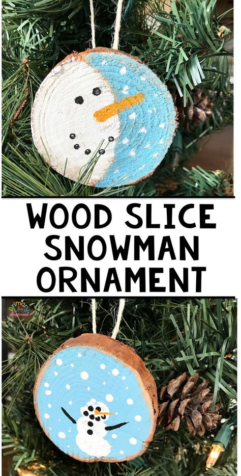 Wood Slice Snowman Ornament #handmadeornament #kidornament #parentgift #kindergarten #preschool #firstgrade #woodslice #snowmanornament Wood Slice Snowman, Primary Playground, Ornament Snowman, Wall Christmas Tree, Christmas Gifts For Parents, Christmas Kindergarten, Snowman Ornament, Preschool Christmas, Kids Ornaments