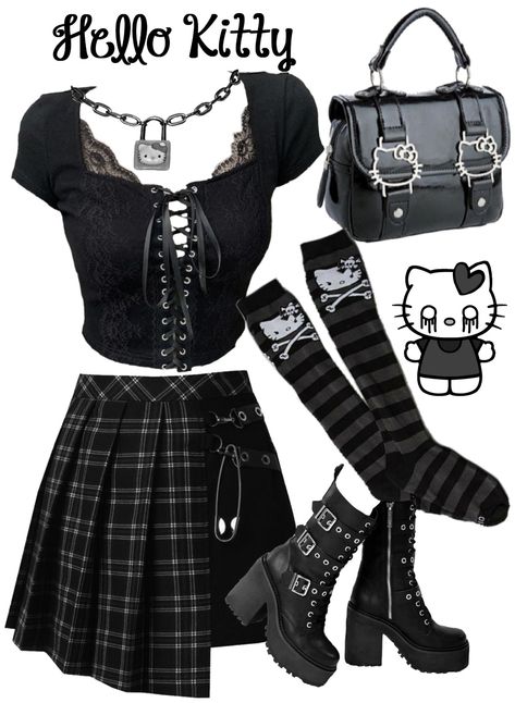 Goth hello kitty dark emo punk Hello Kitty Emo Outfits, Emo Fashion 2023, Summer Emo Outfits 2000s, Hello Kitty Goth Outfit, Emo Core Aesthetic, Hello Kitty Outfit Ideas, Summer Emo Outfits, Gothic Hello Kitty, Goth Lifestyle