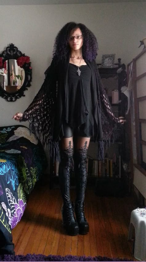 Using for inspiration for my own personal style which is a gothic hippie or soft goth type. I found these in a google search. How To Layer Clothes Goth, Nature Goth Outfit, Goth Everyday Outfit, Layered Goth Outfit, Goth Picture Ideas, Black Goth Women, Gothic Hippie Outfits, Goth Boots Outfit, Colorful Goth Outfits