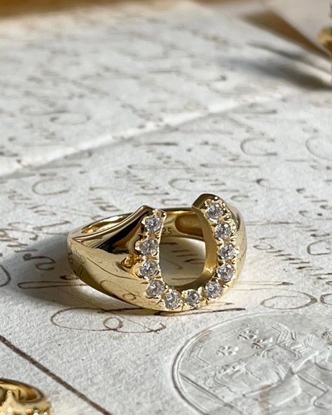 The Lucky Horseshoe Ring is here to bring you Luck! This chunky gold plated silver ring with cubic zirconia will definitely be your new favorite. About 1/2 inch in width. Horseshoe Engagement Ring, Gold Horseshoe Ring, Lots Of Rings, Etsy Jewelry Rings, Chunky Gold Rings, Heart Shaped Diamond Ring, Horseshoe Ring, Lucky Horseshoe, Monogram Ring