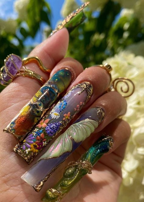 4d Nail Art Design, Earthy Acrylic Nails, Butterfly Charm Nails, Eccentric Nails, Broken Glass Nails, Tangled Nails, Dragonfly Nails, Fairy Nails, Retro Nails