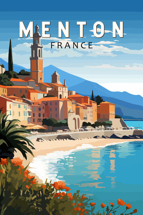 Vintage-inspired poster of Menton, France, showcasing the vibrant colors and scenic beauty of the French Riviera in a charming retro art style. Ideal for decor enthusiasts. Menton France Aesthetic, Menton France, Wanderlust Decor, Vintage Postcards Travel, City Artwork, France Aesthetic, Foreign Travel, Coastal Elegance, Travel Postcard