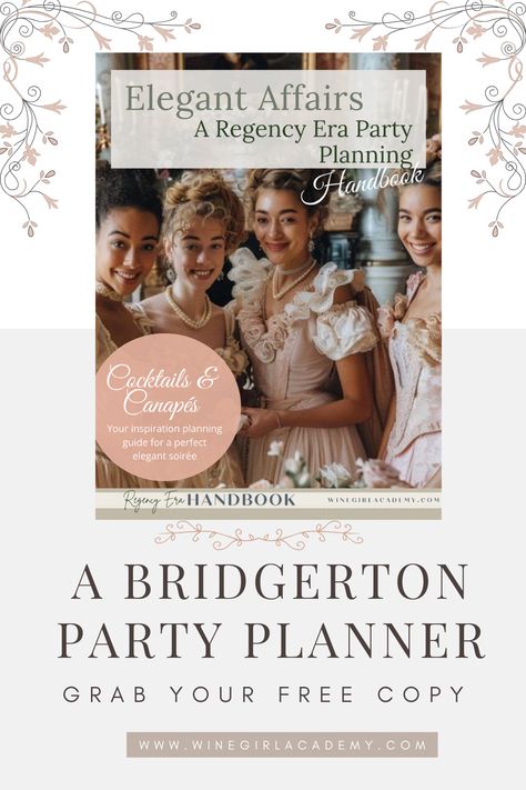 Get ready to easily transform your next gathering into a grand affair with our Bridgerton-inspired hosting guide. Discover how to curate a menu of Regency-era delicacies, craft elegant cocktails, and decorate with aristocratic flair. Download your free guide now for expert tips on recreating the splendor of the Bridgerton series at your next party. Perfect for fans of historical elegance and luxury! 🥂💕 Regency Era Party, Elegant Cocktails, Bridgerton Series, Wine Ideas, Party Planning Checklist, Lady Whistledown, Bridgerton Inspired, Planning Checklist, Regency Era