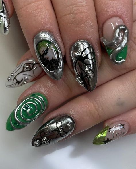 Nct Inspired Nails, Nct Nails, Themed Nails, Retro Nails, Gelish Nails, Stylish Nails Designs, Pretty Gel Nails, Nct Taeyong, Silver Nails