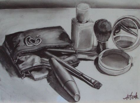 Makeup Still Life, Still Life Makeup, Still Life Pencil Shading, Makeup Drawing, Observational Drawing, Pencil Shading, Still Life Drawing, Expressive Art, Pencil Art Drawings