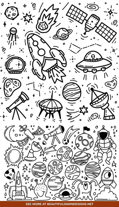 Drawings Of Planets, Space Drawing Ideas, Spaceship Drawing, Animal Illustration Kids, Intro To Art, Space Doodles, Beautiful Dawn, Planet Drawing, Space Coloring Pages