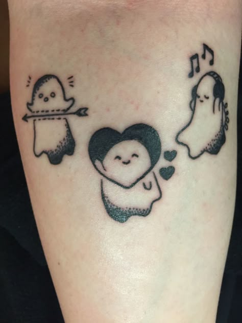 Done by Mikey at All Star Tattoo in Tacoma, Washington Sheet Ghost Tattoo, Tattoos Ghost, All Star Tattoo, Trio Tattoos, Matching Friendship Tattoos, Ghost Couple, Ghost Tattoos, Bestie Tattoos, Cute Matching Tattoos