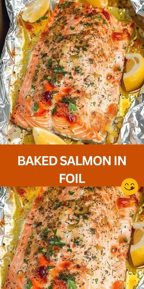 Looking for a quick and delicious dinner idea? Try our Baked Salmon in Foil recipe! This easy-to-make dish features tender salmon fillets seasoned with aromatic herbs, zesty lemon, and a savory butter glaze, all baked to perfection in a convenient foil packet. With minimal prep and cleanup, it's perfect for busy weeknights or entertaining guests. Plus, salmon is packed with omega-3 fatty... Salmon Tin Foil Dinner, Greek Baked Salmon, Bbq Salmon Recipes In Foil, Foil Wrapped Salmon In Oven, Salmon Fillet Recipes Baked, Salmon Foil Packets Oven, Whole Salmon Recipes Baked, Bake Salmon In Oven, Oven Baked Salmon In Foil