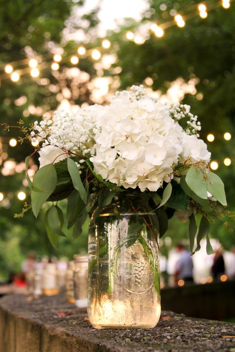 Simple Mason Jars with White Hydrangeas Mason Jar Hydrangea, Hydrangea Centerpiece Wedding, White Hydrangea Centerpieces, White Hydrangea Wedding, Greenery Centerpiece, Hydrangea Centerpiece, Hydrangeas Wedding, Mason Jar Flowers, Rustic Centerpieces