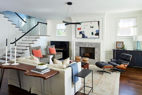 Houzz Tour: Playful Yet Sophisticated Design for a Young Family Transitional Family Room, Pantry Wall, Clothing Outfits, Transitional House, Young Family, Formal Living Rooms, Sophisticated Design, Breakfast Room, Eames Chair