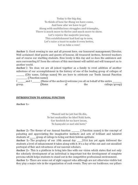 And now it's time to felicitate the winners of various competitions held during the year. I request our chief guest _________ to kindly come on stage for the prize distribution ceremony. Anchor 2: (After the ceremony) Congratulations to all the winners. Your hard work and dedication is truly commendable. Keep working hard and making all of us proud. A big round of applause for all the participants. INTRODUCTION TO VALEDICTORY SPEECH Anchor 1: And now, it's time for the valedictory speech. I Valedictory Speech, Round Of Applause, Keep Working, Hard Work And Dedication, Word Doc, Working Hard, Good Evening, On Stage, Read Online For Free