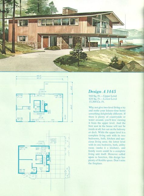 Vacation House Floor Plan, Vacation House Design, Vacation Home Plans, Vintage House Plans 1960s, Mid Century Houses, Vacation Drawing, Mid Century House Plans, 50s House, Vintage Floor Plans