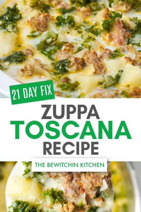 This 21 Day Fix Zuppa Toscana recipe is one of the easiest soup recipes to make. It's simple and I included container counts for Ultimate Portion Fix followers. That way you can fit this in your meal plan for any Beachbody On Demand programs you may be doing. #21dayfixrecipes #zuppatoscana Toscana Soup Olive Garden, Zuppa Toscana Soup Olive Garden, Soup Olive Garden, Toscana Recipe, Fixate Recipes, 21 Day Fix Diet, Olive Garden Copycat, Zuppa Toscana Soup, Toscana Soup