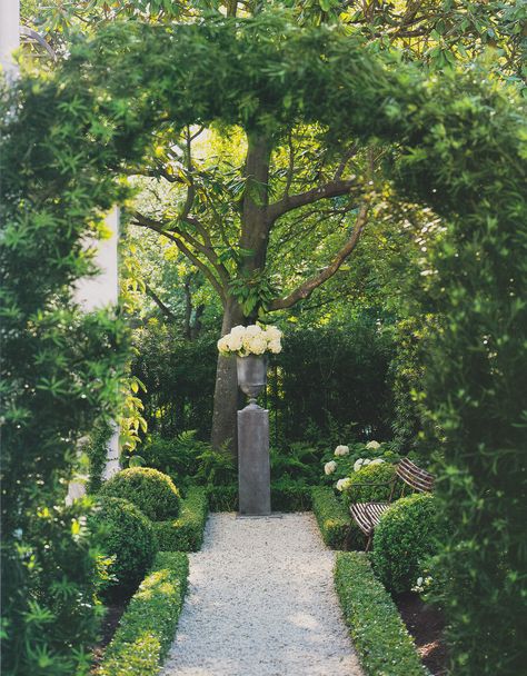 Pamela Pierce garden - a small space filled with beautiful elements Munstead Wood, Hydrangea Potted, Boxwood Garden, Garden Urns, Formal Garden, Stone Path, Have Inspiration, Formal Gardens, Garden Path