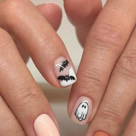 Meg | Luminary + Nail Art on Instagram: "Recreated one of my favorite Halloween sets! 👻 🦇 

We used Oh No and Spiced Latte from @luxapolish for these!
You can use my code MEG10 to save 10%!

#halloweennails #happyhalloween #ghostnails #batnails #handpaintednailart #luminarynailsystems #structuredgelmanicure #coloradonails #coloradonailtech" Bat Nails, Painted Nail Art, Halloween Nails, Nail Tech, My Nails, Nailed It, Happy Halloween, Nail Polish, Nail Art