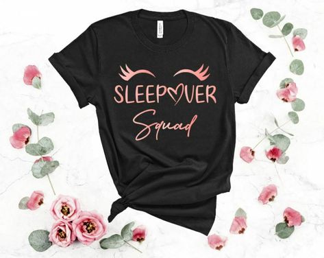 Sleepover Squad T-Shirt Girls Pyjama PJ Slumber Party Tee -  Custom made with cute eyebrows and the wording as shown - Sleepover Squad! From the drop-down lists: Choose the colour of your t-shirt  Choose the colour of your text for the writing  (if you choose no text you will receive a BLANK T-Shirt with no writing) Sizes available:  XS | S  |  M  |  L  |  XL  T-SHIRT SIZE GUIDE AGE TO FIT CHEST SIZE Extra Small 3-4 Years 35cm Small 5-6 Years 38cm Medium 7-8 Years 41cm Large 9-11 Years 43cm Extr Birthday Party Sleepover, Sleepover Squad, Teen Birthday Party, Birthday Party Shirts, Party Sleepover, Birthday Party For Teens, Maker Shop, Teen Birthday, Squad Shirt