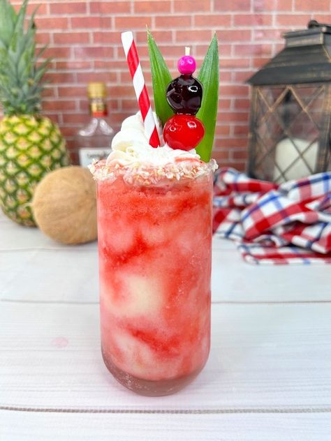 Frozen Cherry Pina Colada | Frozen Cherry Pina Colada: The Ultimate Summer Escape in a Glass! | Rum Cocktail Recipes | Tropical Twist on a Pina Colada | Summer Drink Ideas you will Love #PinaColada #RumDrinks #FrozenCherryPinaColada #CherryCocktails #SummerCocktails Christmas Pina Colada, Piña Colada Recipe Alcohol, Pina Colada Frozen, Gin Cocktails Summer, Summer Drink Ideas, Piña Colada Recipe, Pina Colada Mocktail, Pina Colada Drinks, Pina Colada Recipe