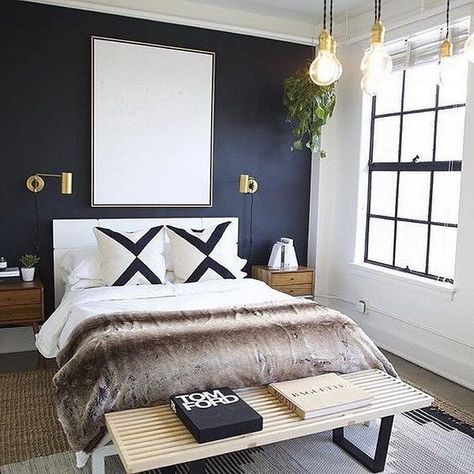 How to Make a Small Bedroom Look Bigger: 18 Design & Organization Tips Dark Blue Bedroom Walls, Navy Bedroom, Navy Bedrooms, Blue Bedroom Walls, Dark Blue Bedrooms, Navy Blue Bedrooms, Blue Bedroom Design, White Bedroom Design, Blue Bedroom Decor