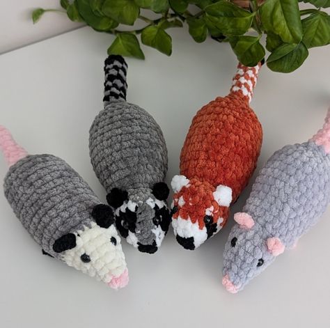 Opossum, rat, raccoon & red panda. Who should join them next? All 4 no sew crochet patterns by me, available separately or in a pattern bundle! I don't have one made at the moment but my bunny pattern would also fit in with these guys #nosewrat #nosewopossum #nosewraccoon #nosewredpanda #crochetrat #crochetraccoon #crochetredpanda #crochetopossum #smallcrochetplushies #nosewcrochet #cubiecrochet Racoon Amigurumi Free Pattern, Possum Crochet Pattern Free, Amigurumi Opossum, Opossum Crochet Pattern Free, Crochet Possum Free Pattern, Possum Crochet Pattern, Possum Crochet, No Sew Crochet Patterns, Opossum Crochet