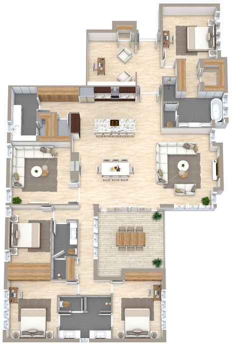 A natural beige floor plan with five bedrooms and an open concept layout. 5 Bedroom Apartment, 5 Bedroom Apartment Floor Plans, Nature Layout, Apartment Layout 5 Bedroom, Three Bedroom Apartment Layout, Apartment Layout 4bedroom, Duplex Floor Plans, Open Concept Layout, 5 Bedroom House