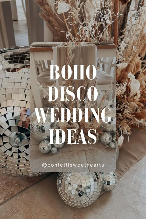 Classy Disco Decor, Disco Ball Centerpiece Ideas Diy, Boho Disco Tablescape, Boho Disco Backdrop, Boho Disco Wedding Decor, Boho Wedding Shower Centerpieces, Disco Boho Wedding Theme, Disco Wedding Table Decor, Disco Centerpieces Wedding