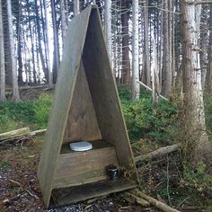 Simple A-frame outhouse Simple Outhouse, Mini Wood Stove, Outhouse Bathroom, Yurt Home, Toilet Ideas, Secret Squirrel, Camp House, Forest Camp, Cabin Tent