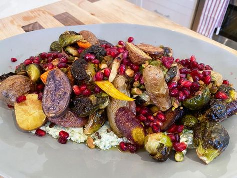 Roasted Vegetables with Herbed Feta, Pistachio and Pomegranate Recipe | Katie Lee Biegel | Food Network Eden Grinshpan, Chocolate Rum Balls, Pomegranate Recipe, Katie Lee Biegel, Alex Guarnaschelli, Jeff Mauro, The Kitchen Food Network, Sunny Anderson, Geoffrey Zakarian