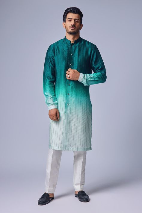 Shop for Chatenya Mittal Green Ombre Kurta And Pyjama Pant Set for Men Online at Aza Fashions Kurta And Pants, Vacuum Storage, Cultural Celebration, Stitch Lines, Pajama Pant, Green Ombre, Kurta Designs, Cotton Pyjamas, Kurta Set