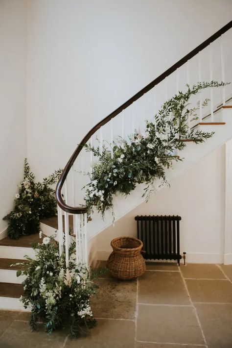 Wedding Staircase Decoration, Wedding Stairs, Flower Fillers, Enzoani Wedding Dress, Wedding Staircase, Lace And Tulle Wedding Dress, Foliage Decor, Filler Flowers, Country House Wedding Venues