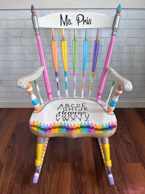 Kindergarten Teacher Rocking Chair, Diy Classroom Chairs, Wooden Teacher Chair, School Rocking Chair, Painted Teacher Chair Classroom, Rocking Chair For Classroom, Diy Teacher Stool, Painted Classroom Chair, Classroom Chair Ideas