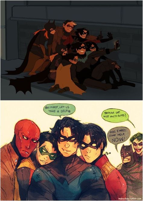 All the Robins must take a selfie, so joker has to photo bomb Family Selfie, Batfamily Funny, I'm Batman, Bat Boys, Univers Dc, Batman Funny, Batman Universe, Im Batman, Tim Drake