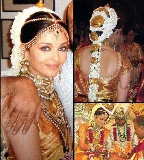 Aishwarya Rai Bridal Look, Manavarai Saree, Aishwarya Rai Wedding, Celebrity Wedding Hair, Actress Wedding, South Indian Wedding Hairstyles, Bridal Hairdo, Indian Wedding Hairstyles, South Indian Bride Hairstyle