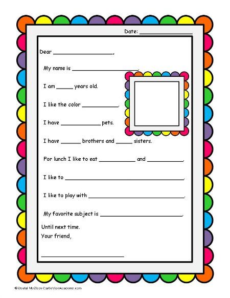 A colorful template for a first pen pal letter! Pen Pal Letter Template, Letter Writing For Kids, Letter Template For Kids, Letter To Future Self, Letter Writing Template, Business Letter Template, Letter Templates Free, Girl Scout Ideas, Pin Pals