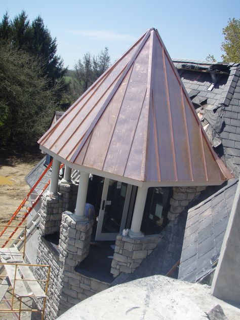 Hexagonal silo copper standing seam roof Copper Penny Metal Roof, House With Copper Roof, Copper Roofing, Copper Roofs Metal, Copper Standing Seam Roof, Metal Roofing Systems, Modular Home Designs, Standing Seam Roof, Copper Roof