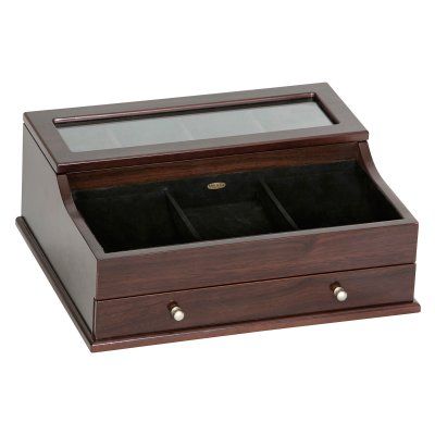 Hampden Mens Glass Top Wooden Dresser Top Valet - 11.75L x 9.63W in. | Hayneedle Mens Dresser, Dresser Valet, Mens Valet, Dresser Top, Wooden Dresser, Box Wood, Small Organization, Watch Box, Surf Shop