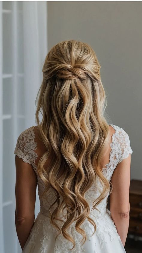 Trendy Half Up Half Down Wedding Hairstyles for 2023 40 Hairstyles Braids Wedding, Bridesmaid Braid Half Up, Half Up Half Down Hairstyles For Bridesmaids, Bridal Hair Medium Length Waves, Half Up Bridal Hairstyles With Veil, Wedding Braid Half Up, Bride Braided Hairstyles Half Up, Wedding Hair For Square Neckline, Hairstyles For Medium Length Hair Elegant