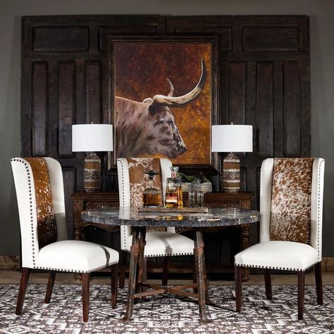 Dining Nooks, Adobe Interior, Cowhide Chair, White Leather Dining Chairs, San Angelo, Leather Dining Chair, Elegant Chair, Appalachian Mountains, Western Home Decor