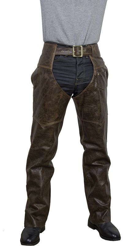 Brown Antique Cowhide Leather Motorcycle Chaps 551 Harley Davidson Store, Cowboy Chaps, Harley Davidson Merchandise, Leather Working Projects, Motorcycle Chaps, Leather Biker Vest, Mens Leather Clothing, Viking Clothing, Workwear Vintage